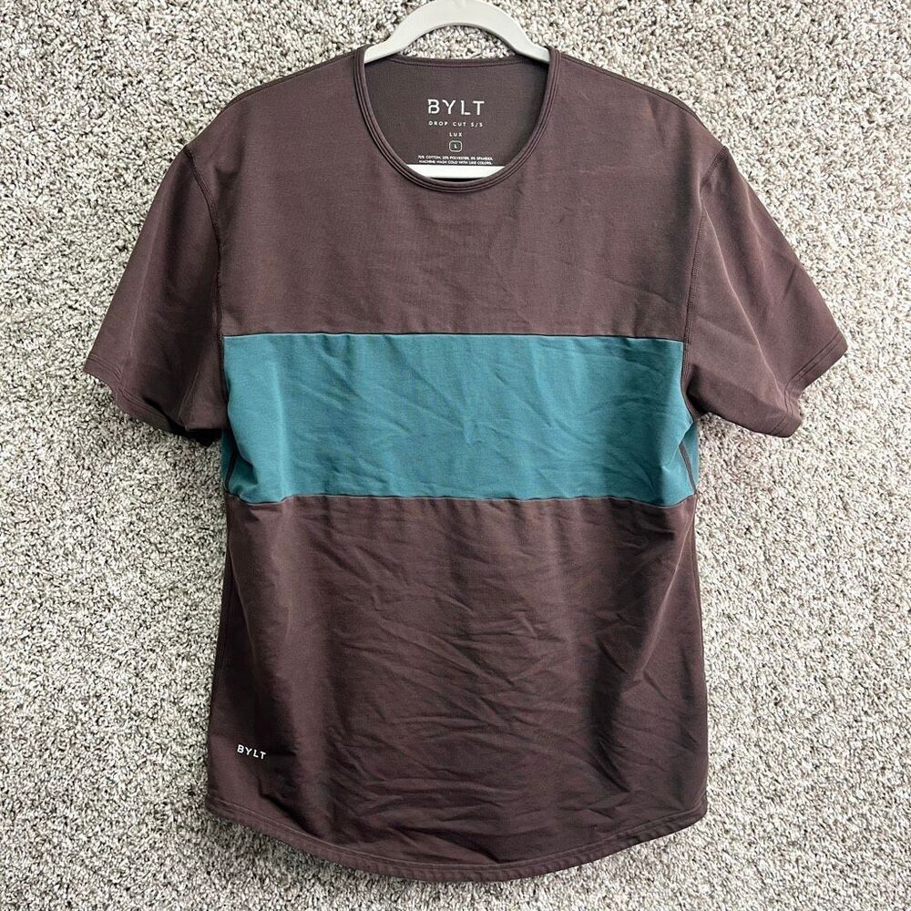 BYLT Shirt Men’s Large Lux Chocolate Brown & Blue Drop Cut Short Sleeve Athletic